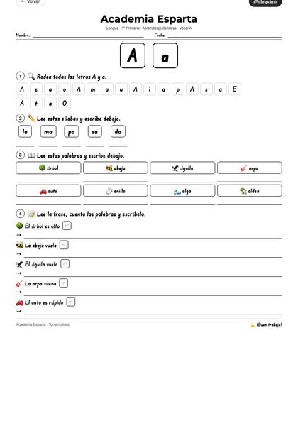 Ficha de la letra A, 1º Primaria