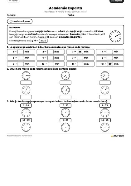 Ficha del reloj, 3º Primaria
