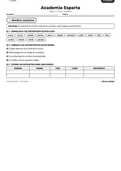 Ficha del sustantivo, 3º Primaria